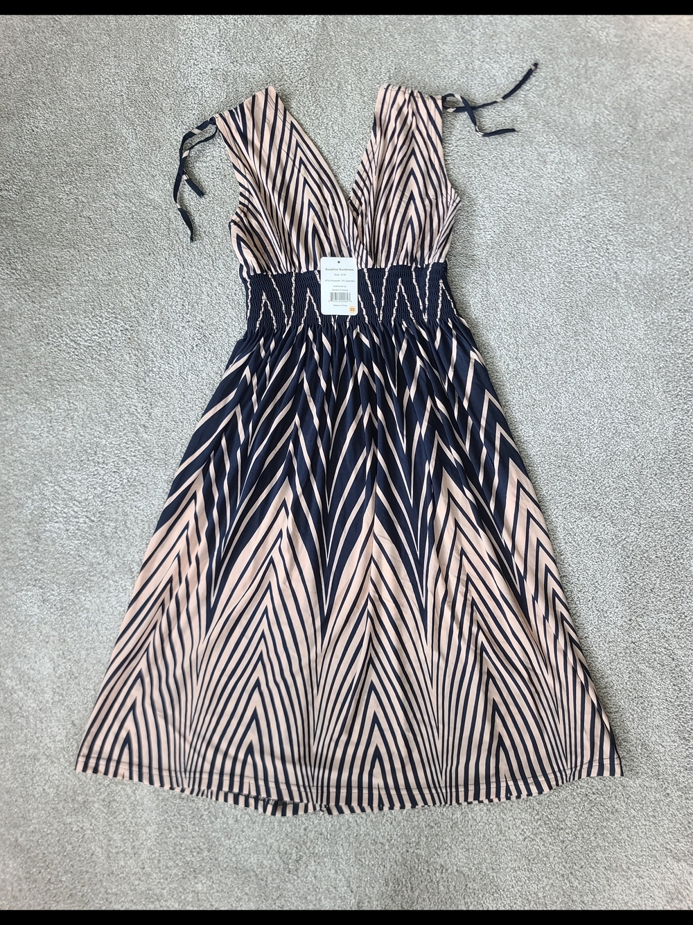 NWT Surplice Sundress Navy Pink Chevron Stripe Smocked Waist Midi Dress S/M